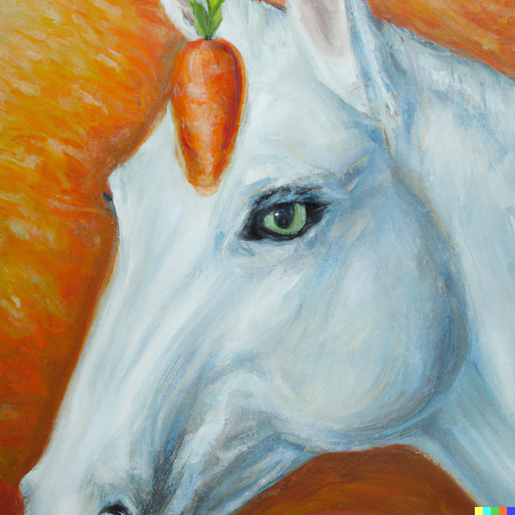 white horse face with carrot on the forehead, oil painting